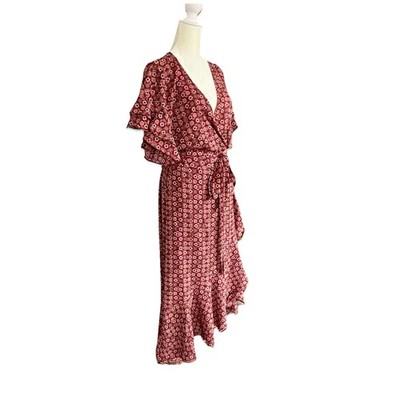 Max Studio Floral Wrap Dress XL Maroon Burgundy Boho V-Neck Ruffle Flutter