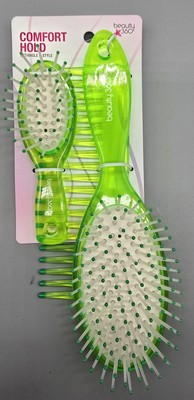 Comfort Hold Hair Brush Set Green W/Travel Brush Comb Detangle/Style Beauty