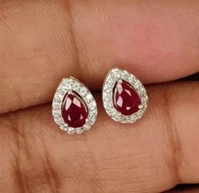 2Ct Pear Cut Lab-Created Red Ruby Flower Stud Earrings 14K White Gold Plated