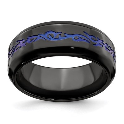 Black Titanium Patterned Blue Anodized Polished 9mm Band Ring Size 8