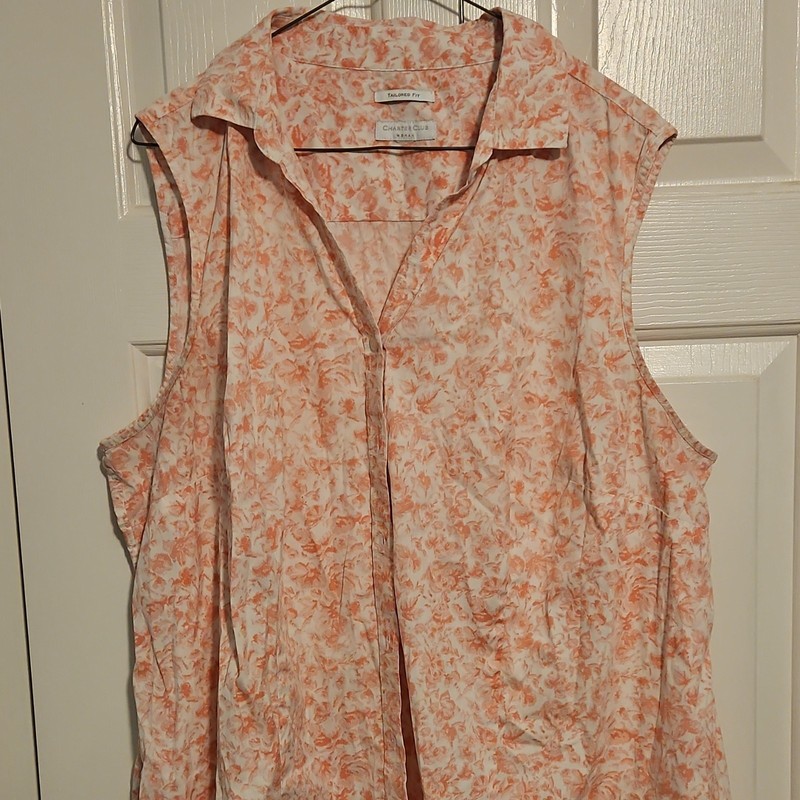 Charter Club Women's XL Orange White Floral Collared Sleeveless Tailored Blouse
