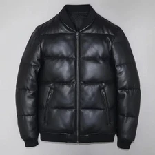 Mens Black Genuine Leather Lambskin Bomber Quilted Down Puffer leather Jacket