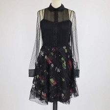 Red Valentino Black Floral Lace Long Sleeve Midi Dress
