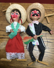 2 VTG Mexican Mariachi String Marionette Guitar Puppet  Dancing Lady Sombrero