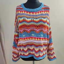 Multicolor Open Knit Crochet Sweater Small Boho Indie Retro Festival Blue Pink 