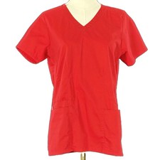 WonderWink WonderWORK Red Modern Fit V Neck Scrub Top 360 Stretch Pockets Loop S