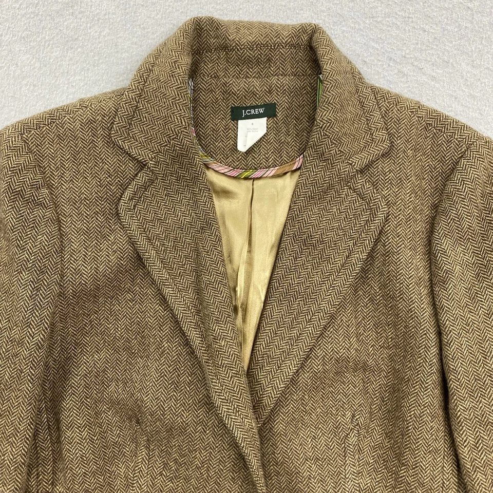 J Crew 夹克女式 6 棕色西装外套人字形羊毛混纺木质纽扣 — 第 3/4 张图片