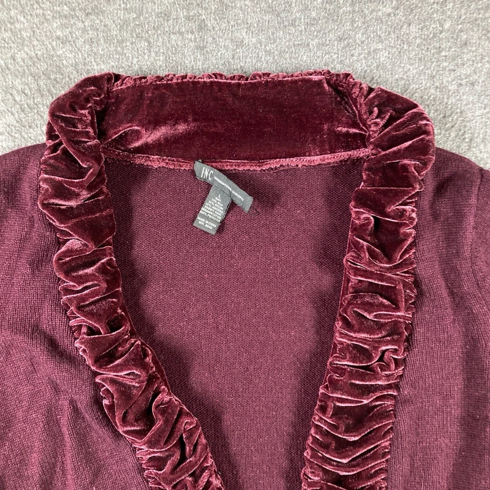 INC Silk Angora Blend Cardigan Womens L Burgundy Ruffle Velvet Trim Boho Fairy - Image 2 of 4
