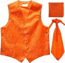 New Men's Paisley Tuxedo Vest Waistcoat Ascot Cravat Hankie Wedding Orange