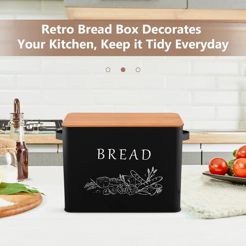 Black Bread Box For Kitchen Counter Metal Bread Storage Bin With Wooden Cutting - Picture 5 of 8