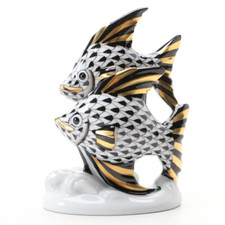 Herend Black Fishnet with Gold Pair of Fish P...