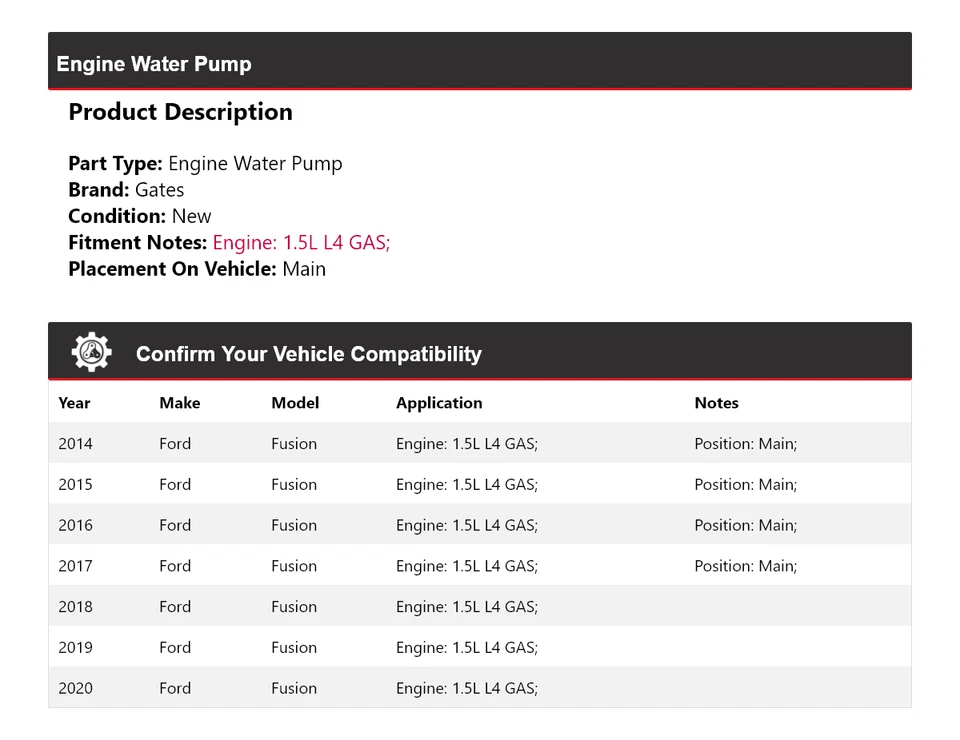 Para Ford Fusion 2014-2020 1,5 L L4 Motor Gas Bomba Agua Puertas 2015 2016 2017 Foto 2 de 4
