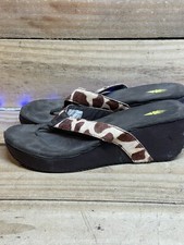 Volatile Leopard Print Flip Flops Platform Sandals Leather Wedge Brown Size 9