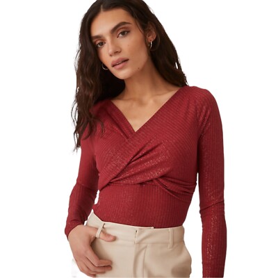 Anthropologie Dark Wine Bordeaux Red Twist Front Shimmer Knit Top Size Small