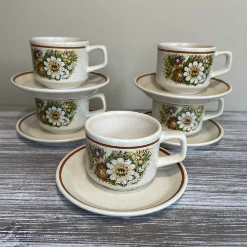 Vintage Set Of 5 Temper-Ware by Lenox Magic Garden Teacups Saucers Floral Design
