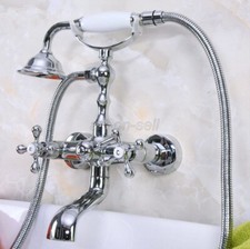 Wall Mount Chrome Brass Crlawfoot Bathtub Faucet Filler Mixer w/Hand Shower