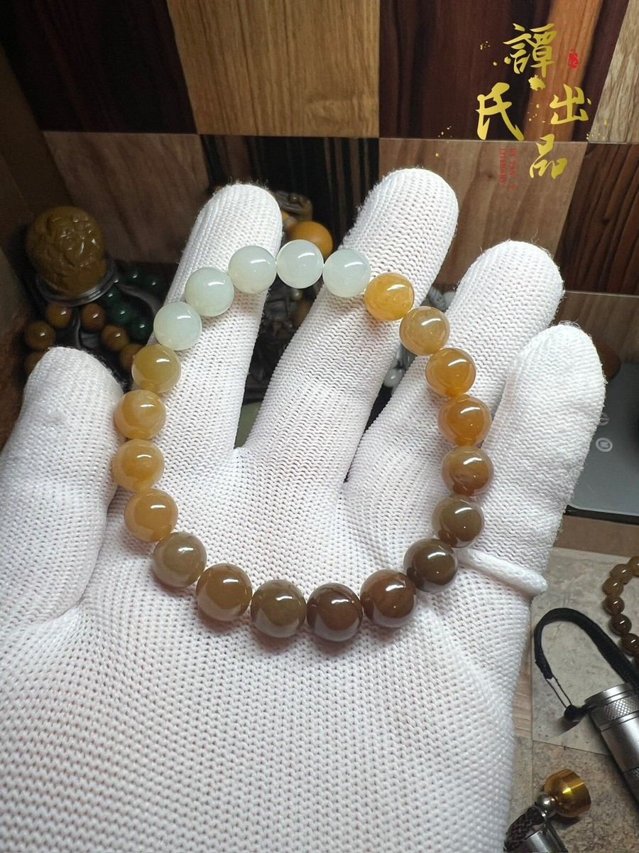 高級品　天然和田玉　新疆産糖玉ブレスレッット黄金糖のような美しい色合い 10mm Hetian Golden Mountain Sugar Jade Bracelet 新疆金山糖渐变和田