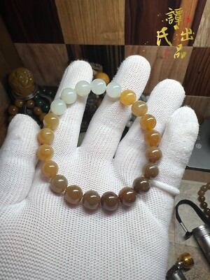 高級品　天然和田玉　新疆産糖玉ブレスレッット黄金糖のような美しい色合い 10mm Hetian Golden Mountain Sugar Jade Bracelet 新疆金山糖渐变和田