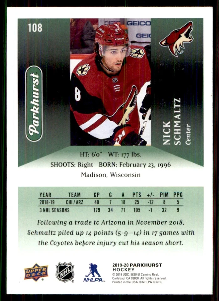 2019-20 Parkhurst Nick Schmaltz Arizona Coyotes #108 - Image 2 of 2