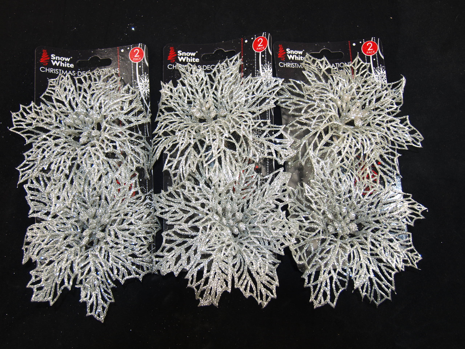 Large Poinsettia Christmas Tree Clip-on Decorations - Silver (Set of 6)