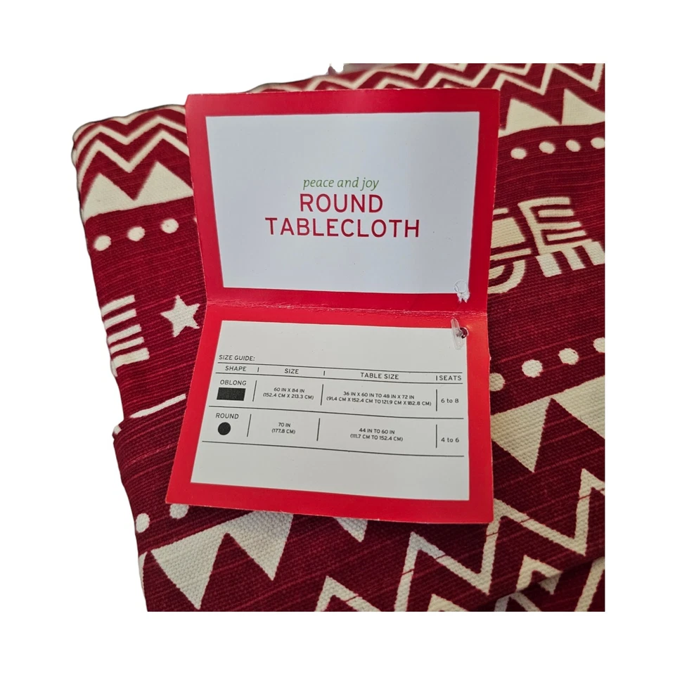 Christmas Tablecloth Peace and Joy 70” Round 44”-60” Table Red White NWT - Image 3 of 4