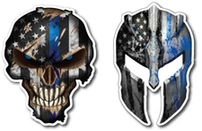 2x Spartan Helmet Police American Flag Thin Blue Line Decal Sticker Truck Window