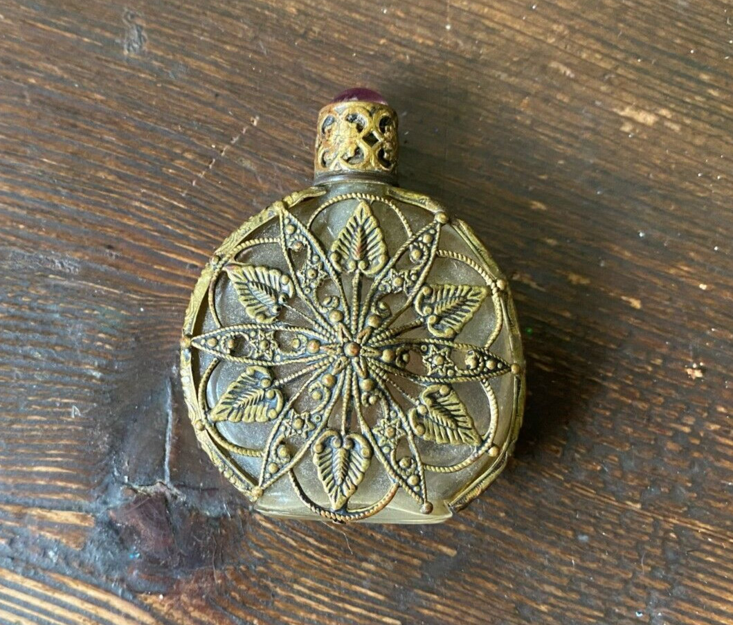 Vintage mini Glass Bronze FiLiGREE Petit Point Lace PERFUME BOTTLE, DAUBER
