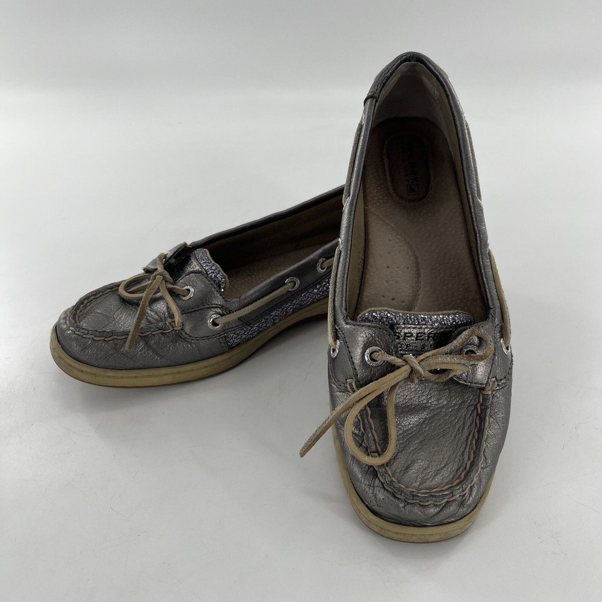 Sperry Angelfish Top-Sider Womens M Silver Leather Shimmer Boat Shoe  Preppy