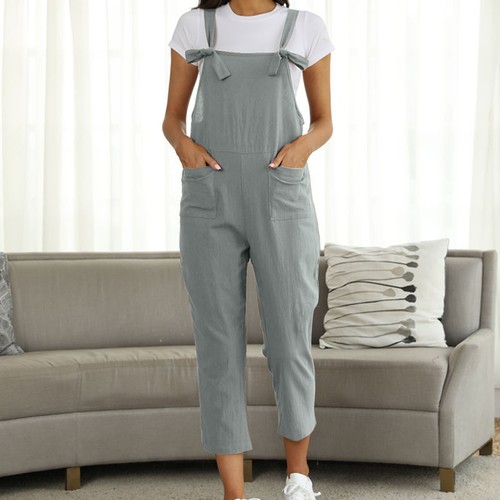 Damen gewaschenes Leinen Latz Jeans Latzhose Freizeit zerrissen Leinen Jumpsuits Strampler - Bild 9 von 37