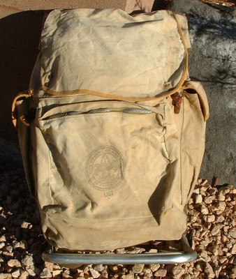 1307d Vintage Boy Scout Backpack&Frame Tear Shoulder Strap, good buckles, 20''x14