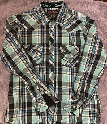 Rock & Roll Cowboy Mens Large Long Sleeve Faded Weathered Look Snap Shirt