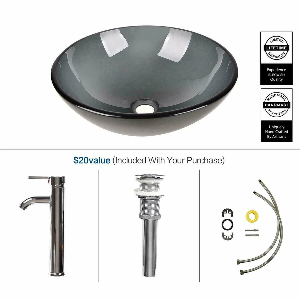 Juego emergente de grifo cromado lavabo lavabo recipiente de vidrio transparente gris para baño Foto 3 de 4