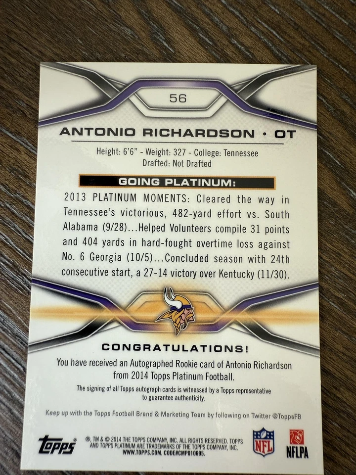 2014 Topps Platinum #56 Antonio Richardson Autographs Refractors - Image 2 of 2