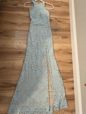 B. Darlin Aqua Blue Glitter Lace Formal Prom Dress Open Back Front Slit Size 1/2