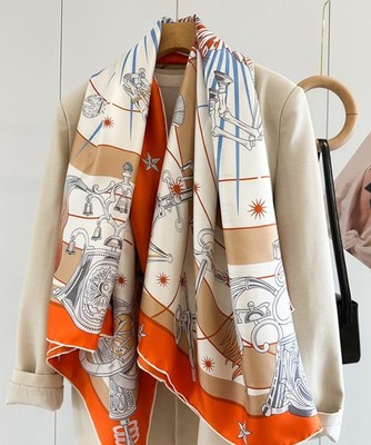100% Mulberry Seide 53'' Quadratschal Frauen Halstuch Wrap Orange Räder Drucken