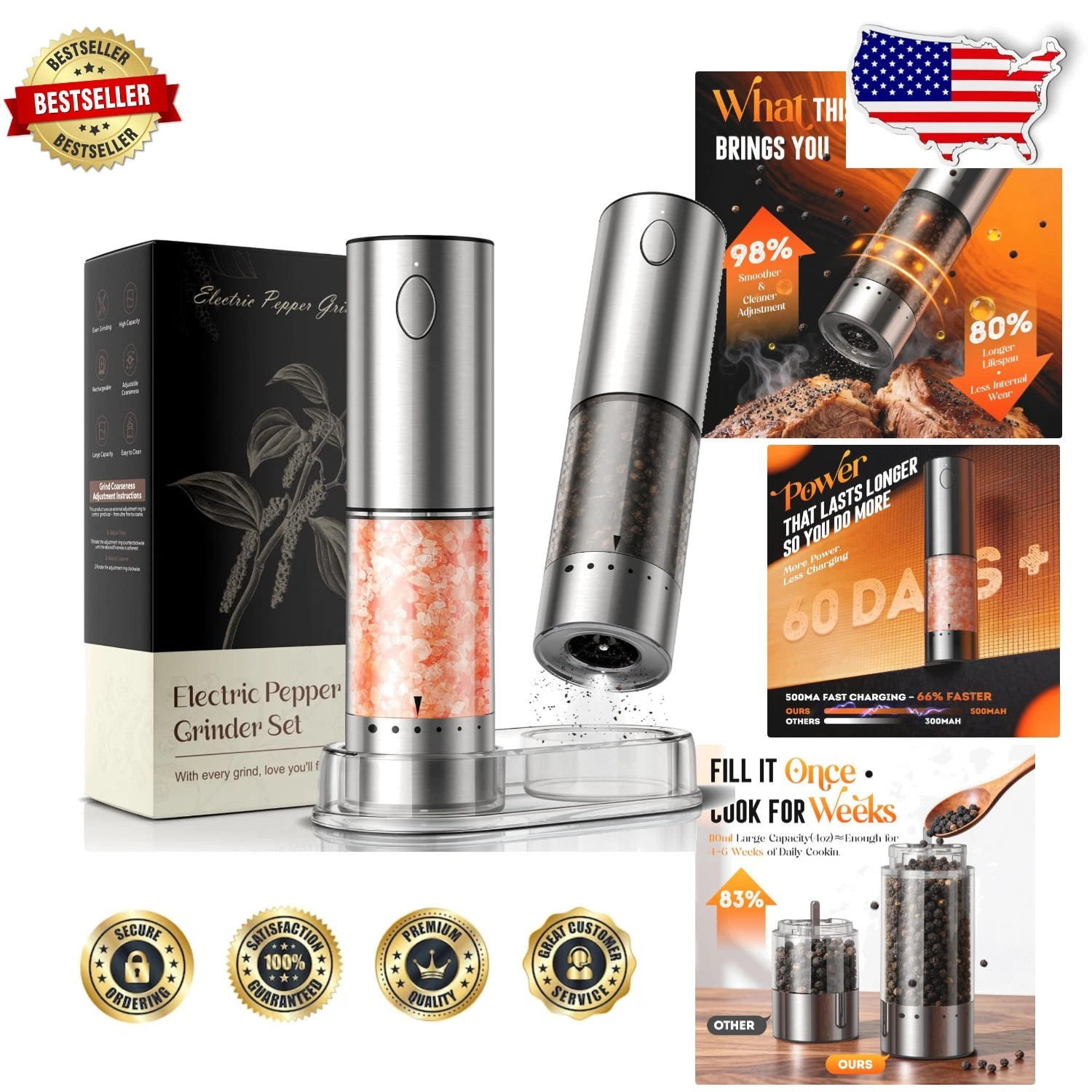 Automatic Salt & Pepper Grinders - Large Capacity, 6 Dial Coarseness, Easy Fill