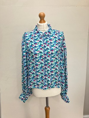 Zara Bluse Damen L Blumen Knopfleiste Langarm Puff leicht weiß Freizeit