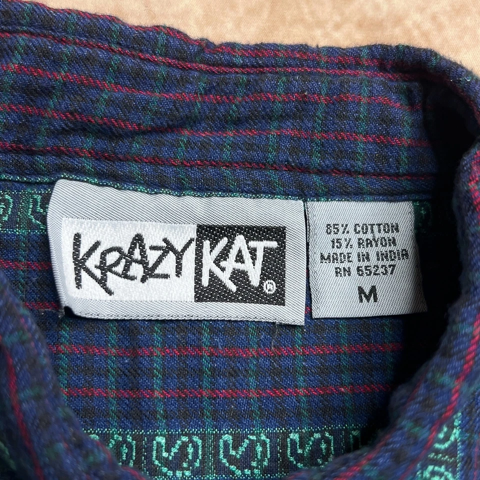 Camisa De Colección Años 90 Krazy Kat Paisley Bordada A Cuadros Abotonada Azul Marino Boho Grunge Foto 3 de 4