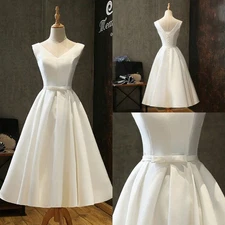 Simple Wedding Dresses Satin Tea-length With Bow V-Neck Sleeveless Bridal Gown