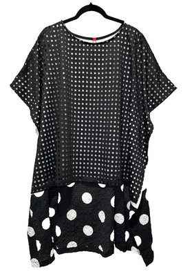 IC Collection Blouse Top Sz L Blk White Polka Dot Hi Lo Boxy Perforated Squares