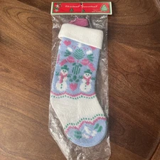 Vintage Christmas Knitted Mini Stocking Ornament Pink Blue 1980s Taiwan Snowman