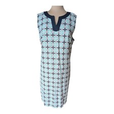 Talbots Linen Cotton Geometric Tile Print Sleeveless Shift Dress Blue Coral 16