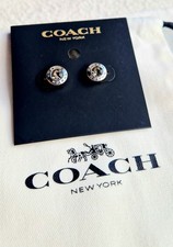 Coach Silver-toned Logo Hinged Studs With Grey Crystals New With Pouch