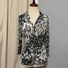 Rafaella Elegant Black Pebble V-Neck Ruched Long Sleeve Women Stretchy Top Sz M