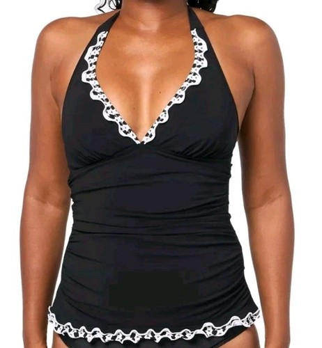 NEW Gottex Profile Women's 6 Tankini Top Black Lettuce Ruffle Swimsuit Halter - 第 1/11 張圖片