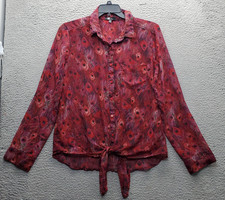 KUT from the Kloth Blouse Womens XL Multi Sheer Peacock Feather Print Knot Hem