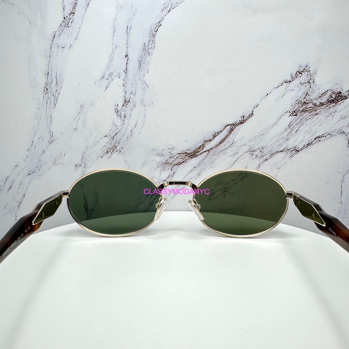 PRADA Sunglasses Gold Oval Round Symbole Metal Frame Green Lens