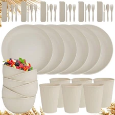 42-Piece Wheat Straw Dinnerware Sets for 6,Unbreakable Plates and Bowls Set,D...