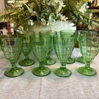 8 Hazel Atlas Glass COLONIAL BLOCK Uranium Green Goblet 5¾ Depression 395