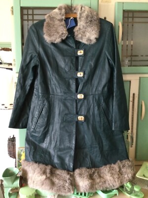 Vintage TEAL leather coat,coney fur trim,bottom collar Rockabilly (3